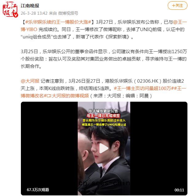 乐华娱乐续约王一博股价大涨