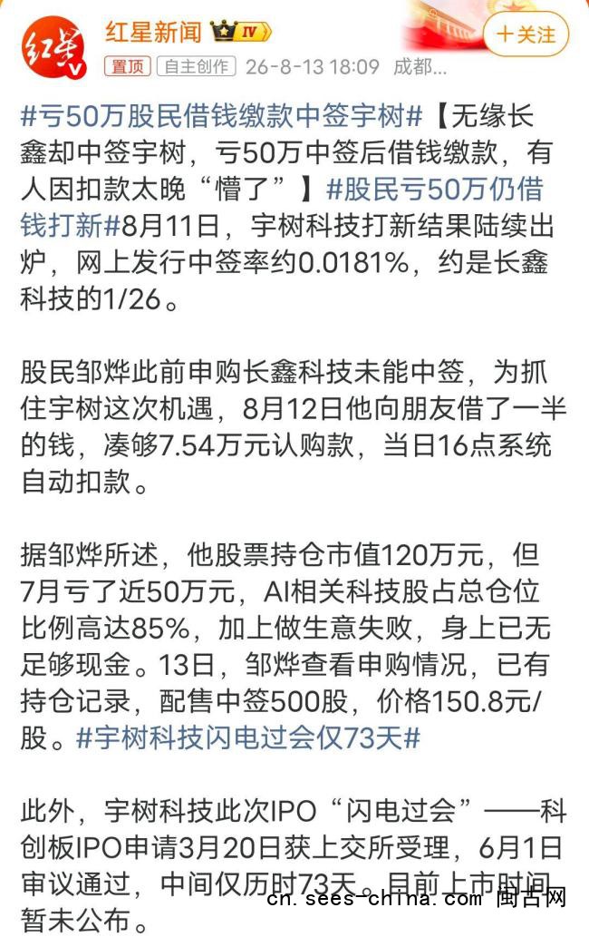 亏50万股民借钱缴款中签宇树